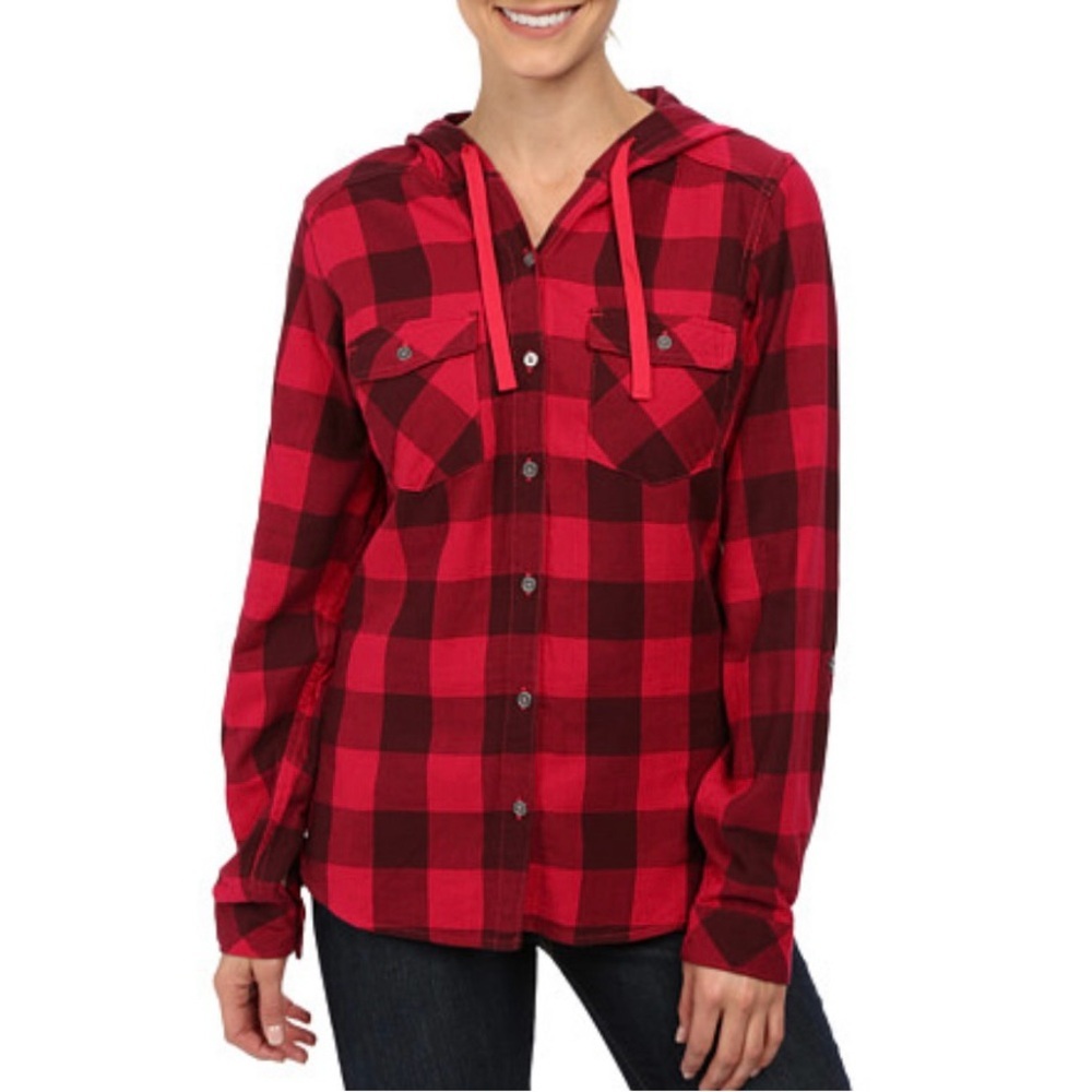 Columbia Plaid Hooded Button-Up Shirt – Red/Black – Size Small
